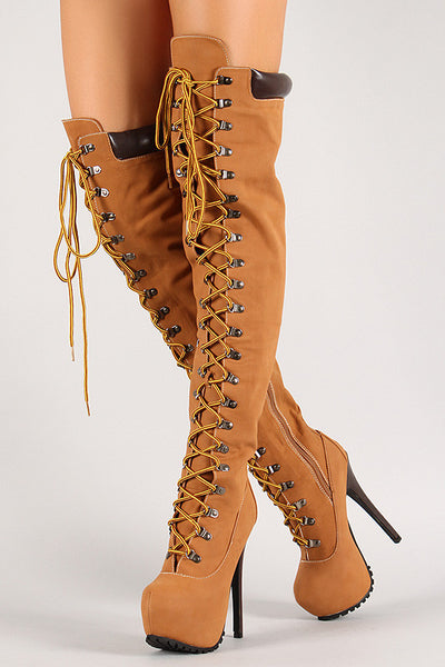 Chunky heel lace top up thigh high boots