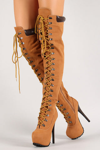 Almond Toe Lace Up Thigh High Stiletto Platform Boot