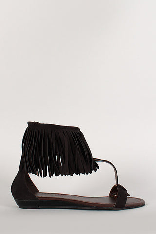 Wild Diva Suede Fringe T-Strap Open Toe Flat Sandal