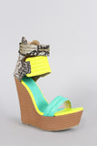 Neon Colorblock Snake Quilted Open Toe Platform Wedge