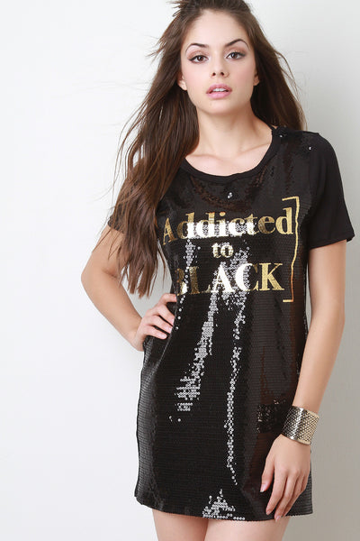 Addicted To Black Sequin Tee Dress