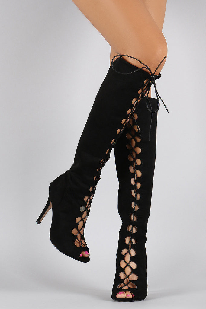 Thigh high lace up open toe boots best sale