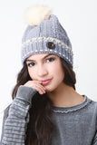 Button And Fur Pom Pom Ridged Knit Beanie