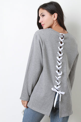 Contrast Back Corset Lace Up Long Sleeves Sweatshirt Top