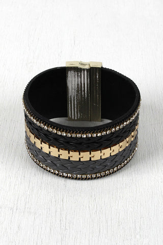 Braided Leather Rhinestone Cuff Bracelet