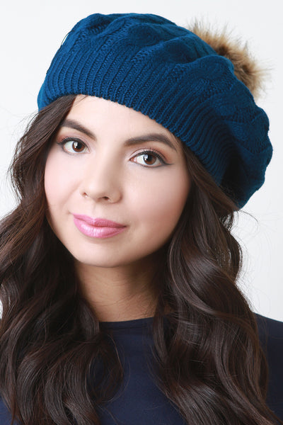 Fur Pom Pom Cable Knit Beret