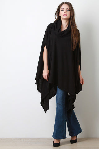 Cowl Neck Handkerchief Knit Poncho Maxi Top