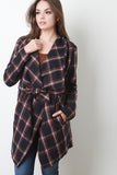 Belted Plaid Print Long Sleeves Fleece Jacket