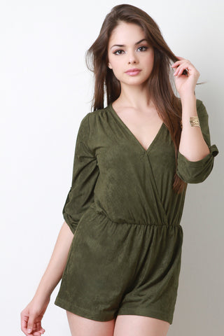 Suede Quarter Sleeve Surplice Romper